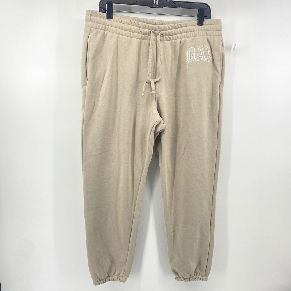 Gap Joggers Women Large Tan Logo Fleece Sweatpants Drawstring Elastic Waist NWT